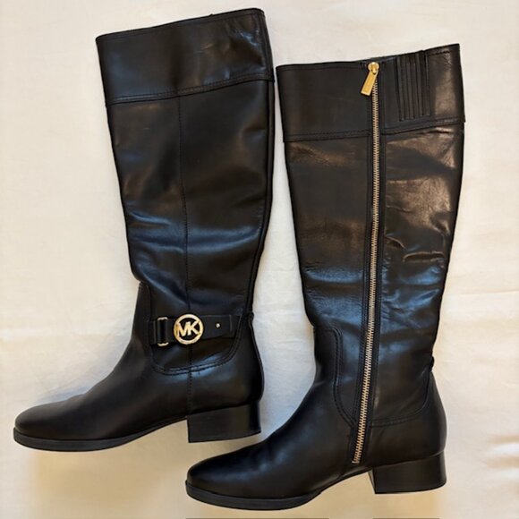 Michael Kors Black Leather Tall Boots with Gold Tone Logo Accent Size 8M - Picture 1 of 11